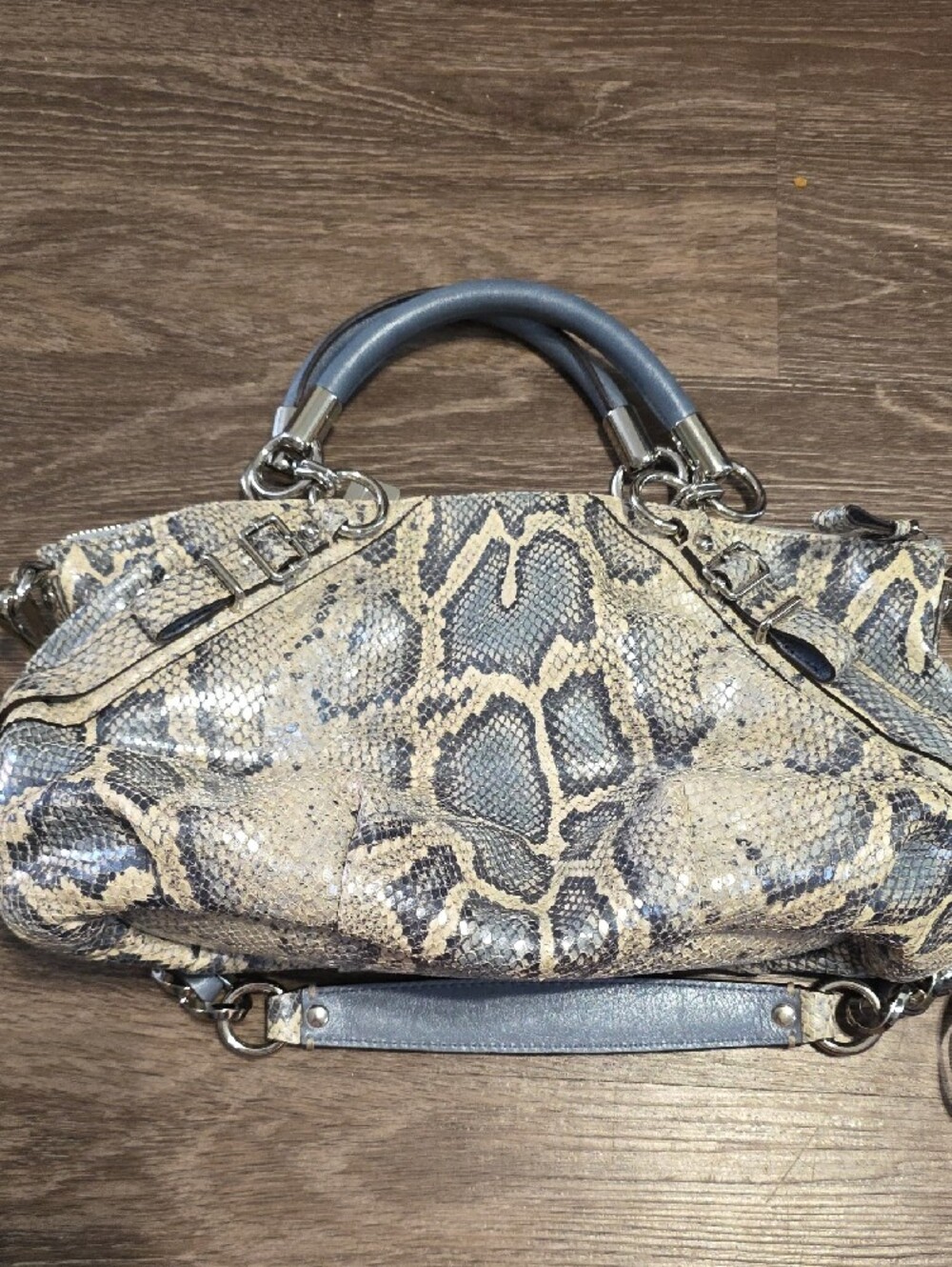 Coach Blue and Cream Snake-Print Leather Satchel with Silver Hardware - Picture 2 of 11